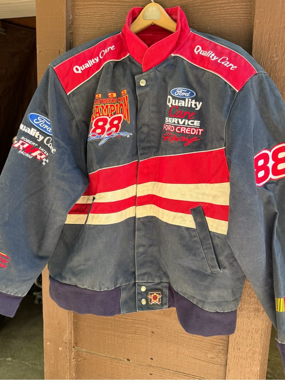 JH Designs Dale Jarrett Vintage Ford Quality Care Navy & Red Racing Jacket - Men